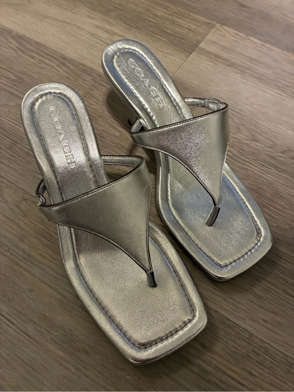 Coach Metallic Silver Square-Toe Thong Sandals